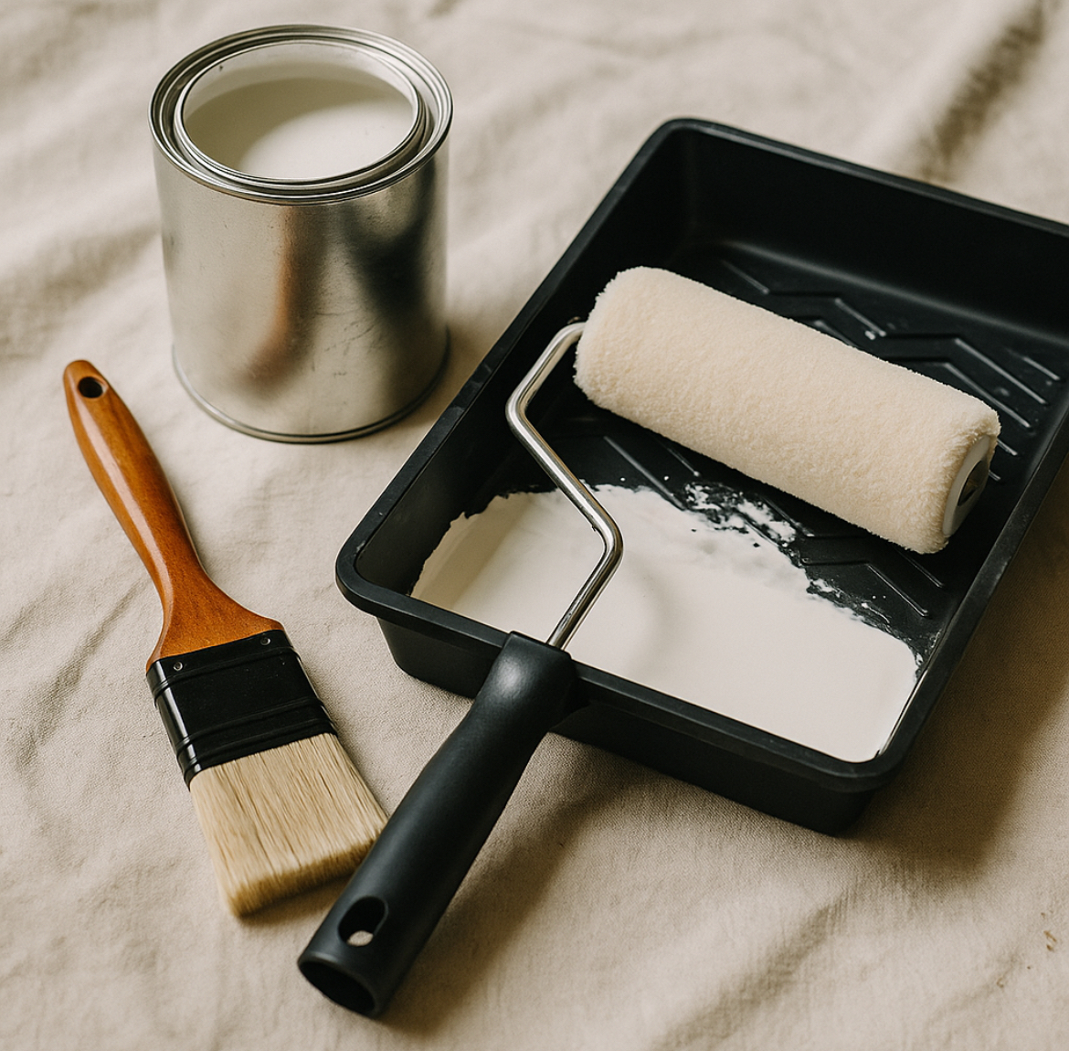 Brush and roller tray with paint